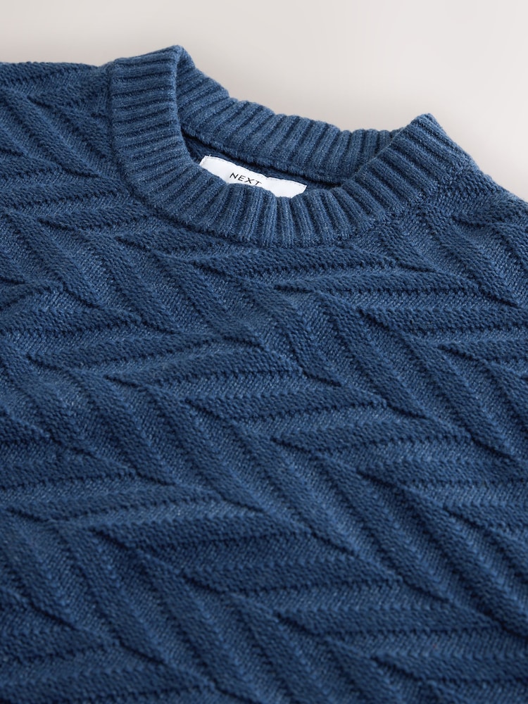 Mid Blue Regular Fit Cotton Rich Chevron Cable Crew Neck Jumper - Image 7 of 7