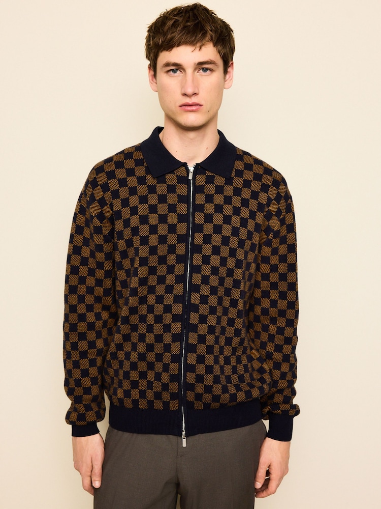 Navy Blue/Ochre Yellow Regular Fit Geo Pattern Zip-Through Collared Cardigan - Image 1 of 6 Navy Blue/Ochre Yellow Regular Fit Geo Pattern Zip-Through Collared Cardigan - Image 1 of 6