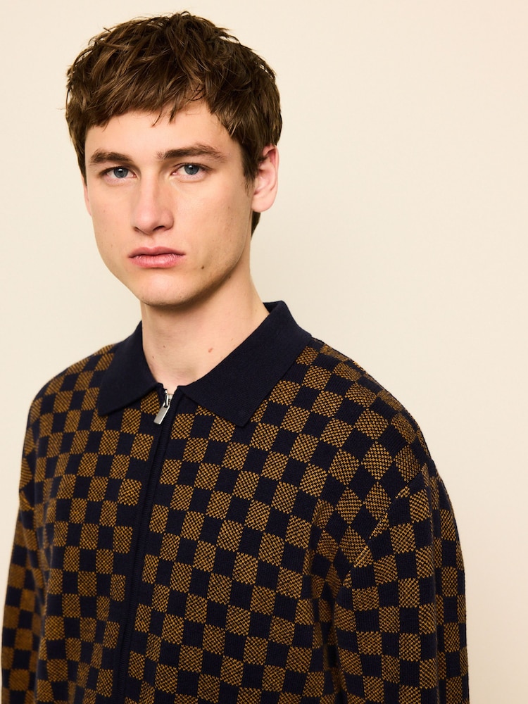 Navy Blue/Ochre Yellow Regular Fit Geo Pattern Zip-Through Collared Cardigan - Image 2 of 6 Navy Blue/Ochre Yellow Regular Fit Geo Pattern Zip-Through Collared Cardigan - Image 2 of 6