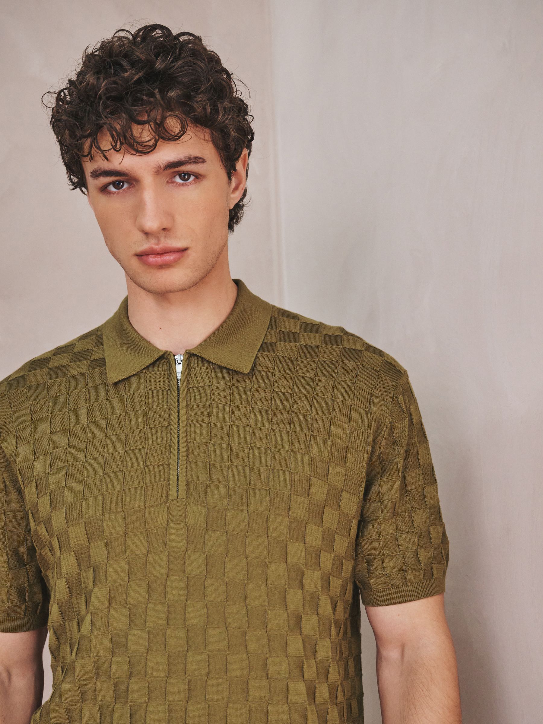 Buy Olive Green N. Premium Checkerboard Knit Quarter Zip Polo