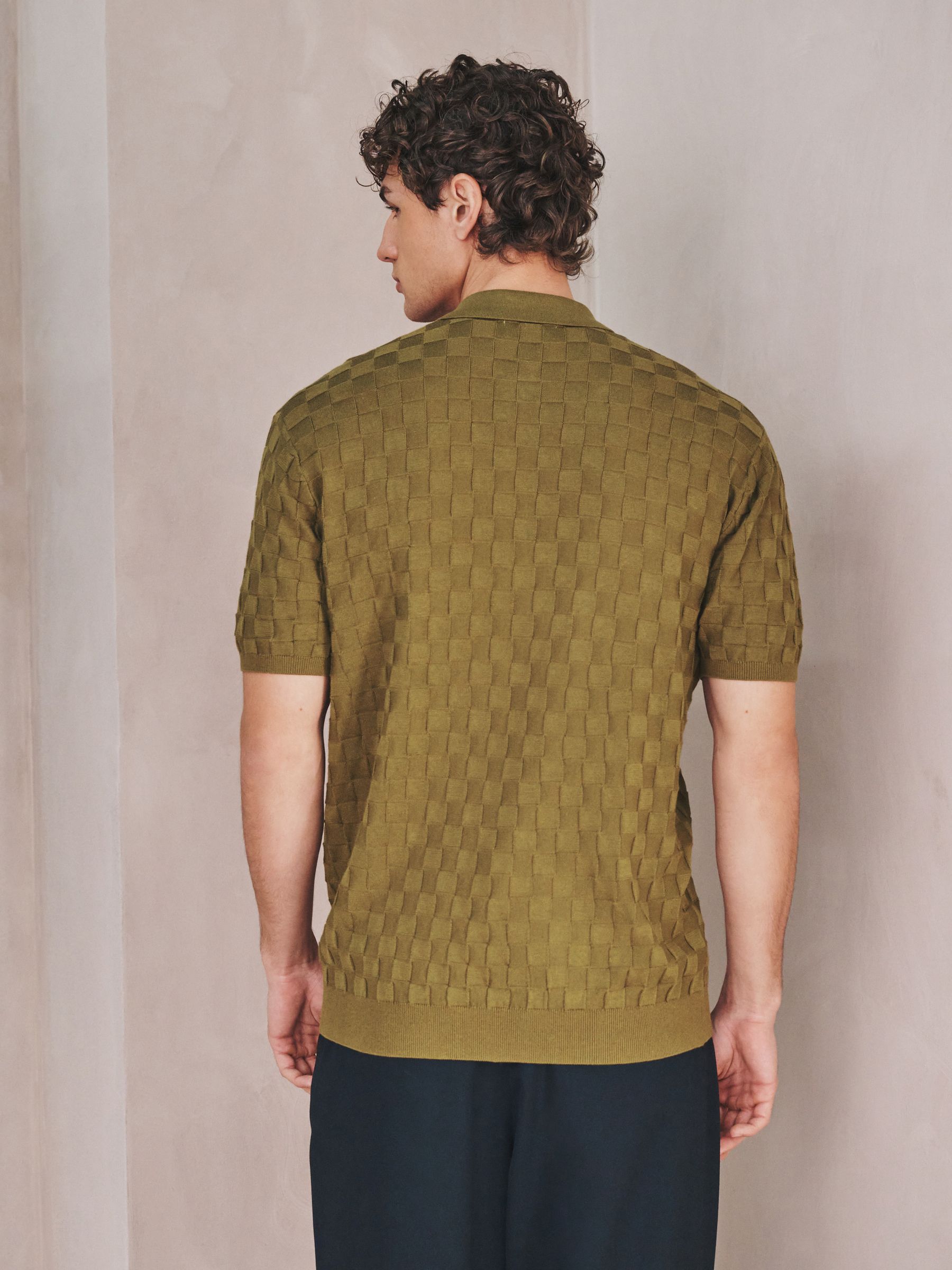 Buy Olive Green N. Premium Checkerboard Knit Quarter Zip Polo