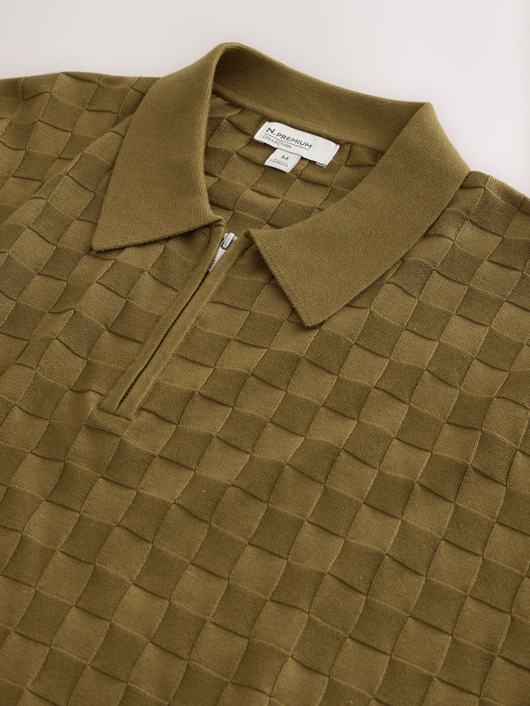 Buy Olive Green N. Premium Checkerboard Knit Quarter Zip Polo