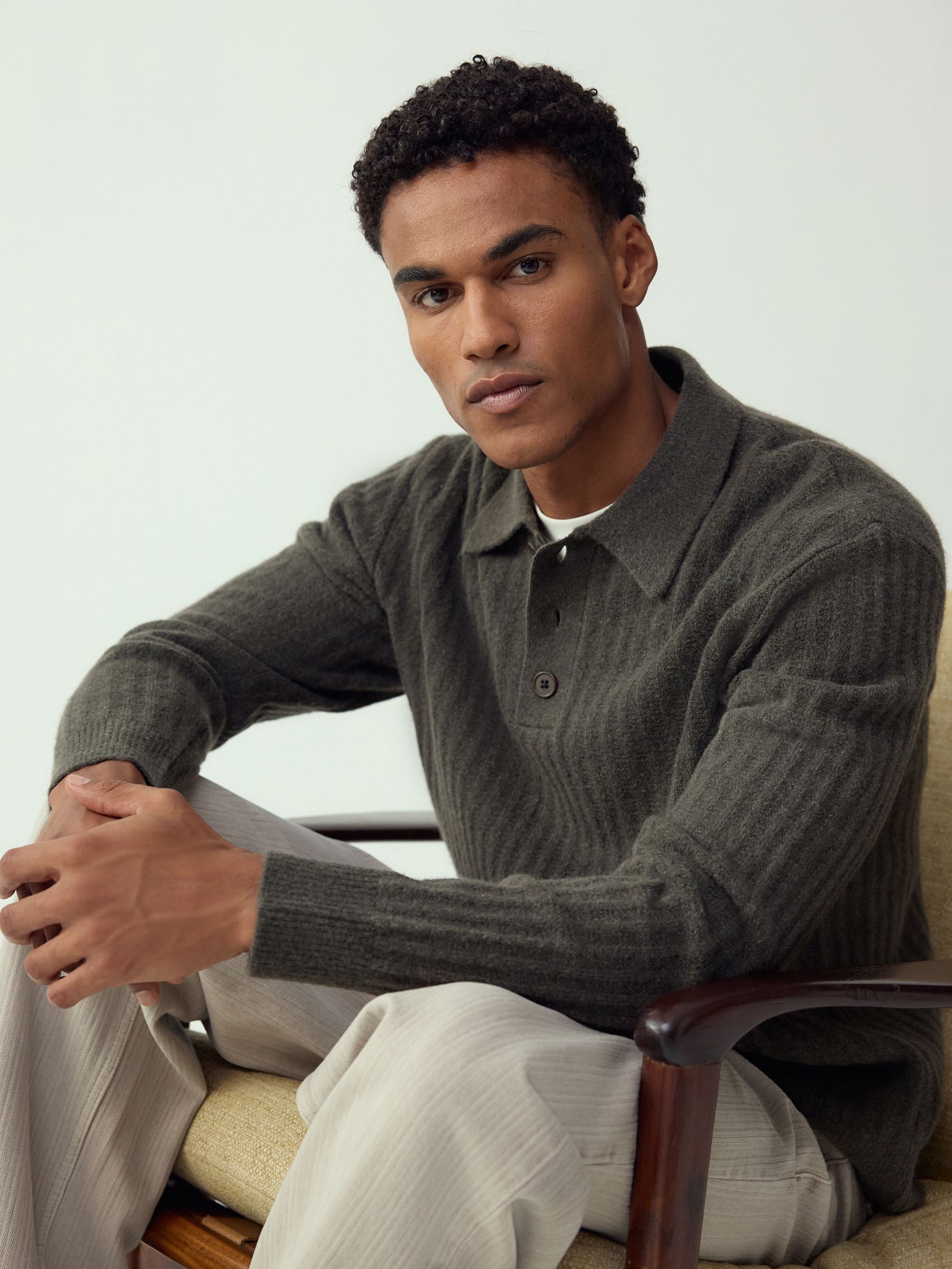 Buy Khaki Green Cosy Rib Knit Long Sleeve Polo Shirt with Wool