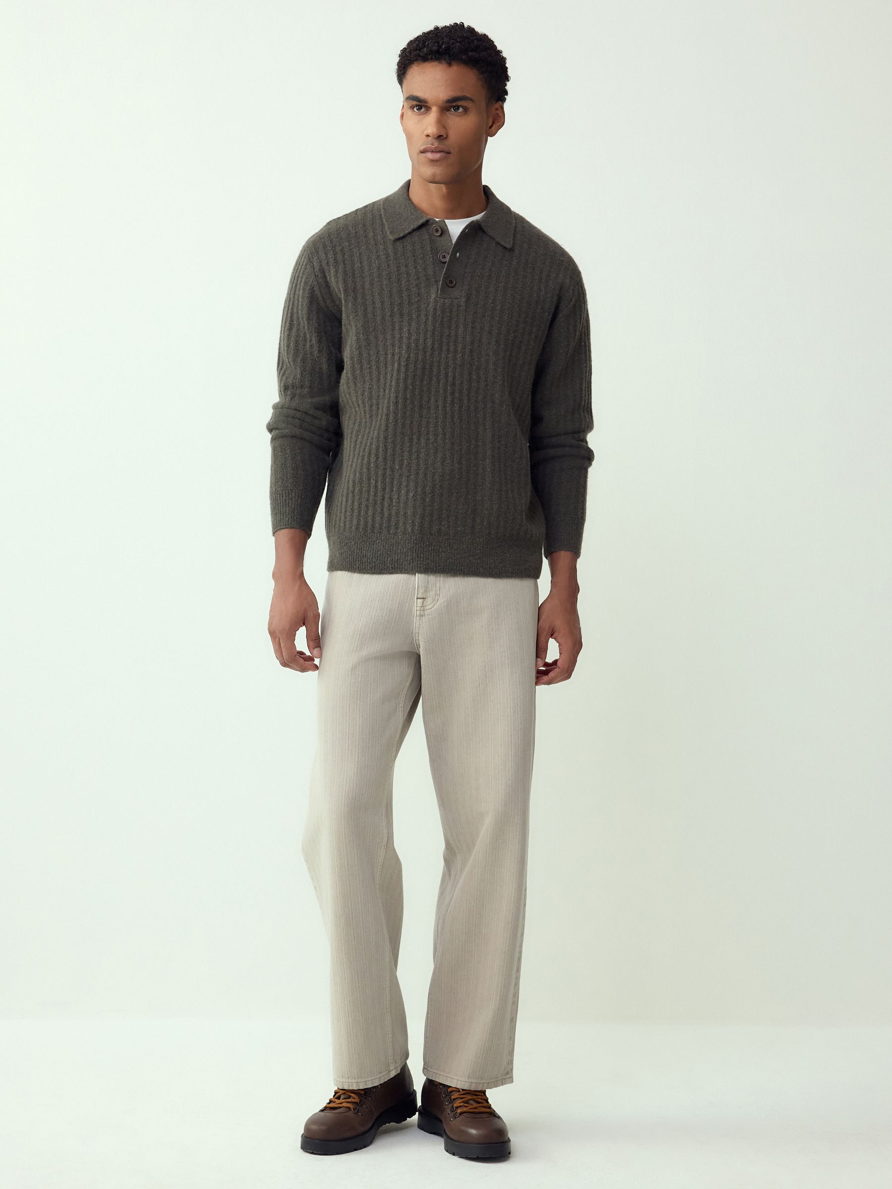 Buy Khaki Green Cosy Rib Knit Long Sleeve Polo Shirt with Wool