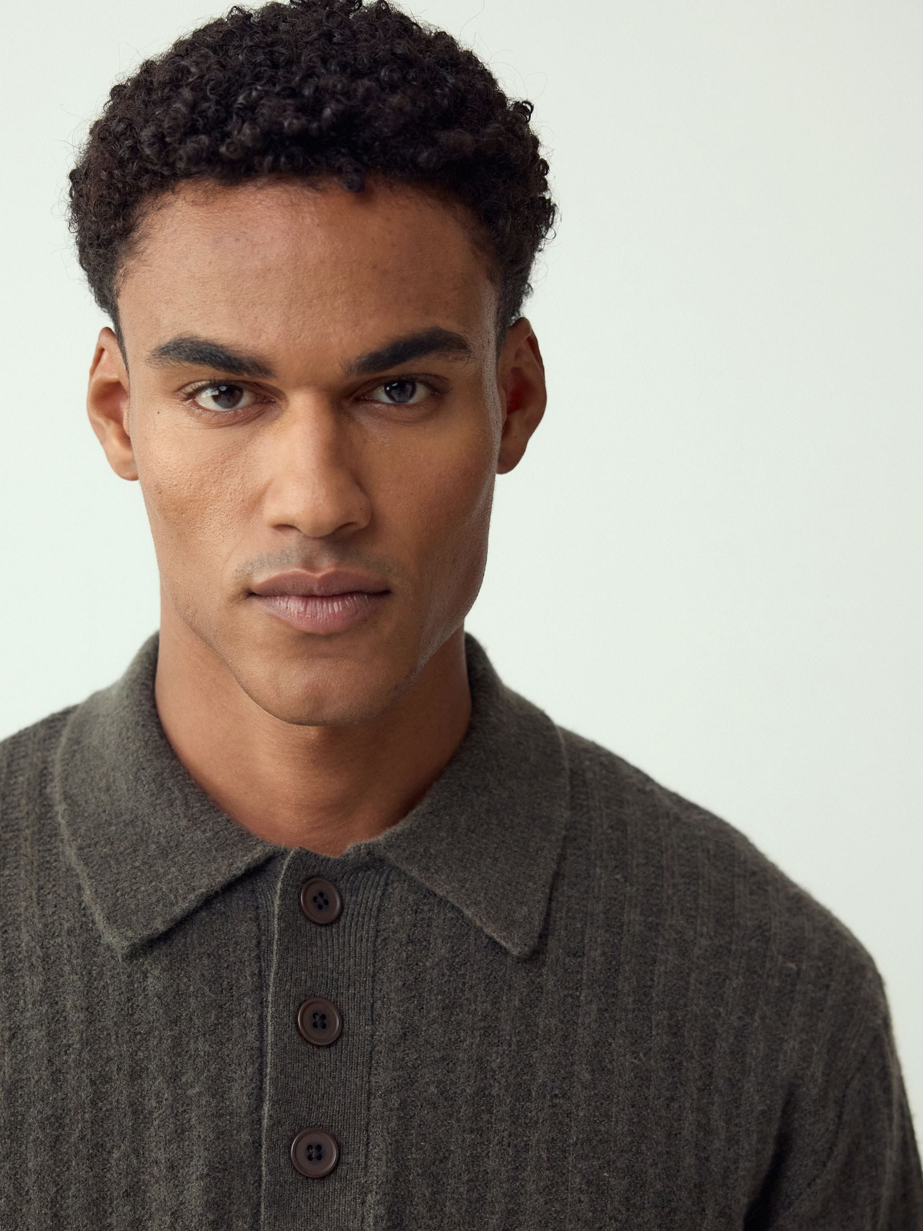 Buy Khaki Green Cosy Rib Knit Long Sleeve Polo Shirt with Wool