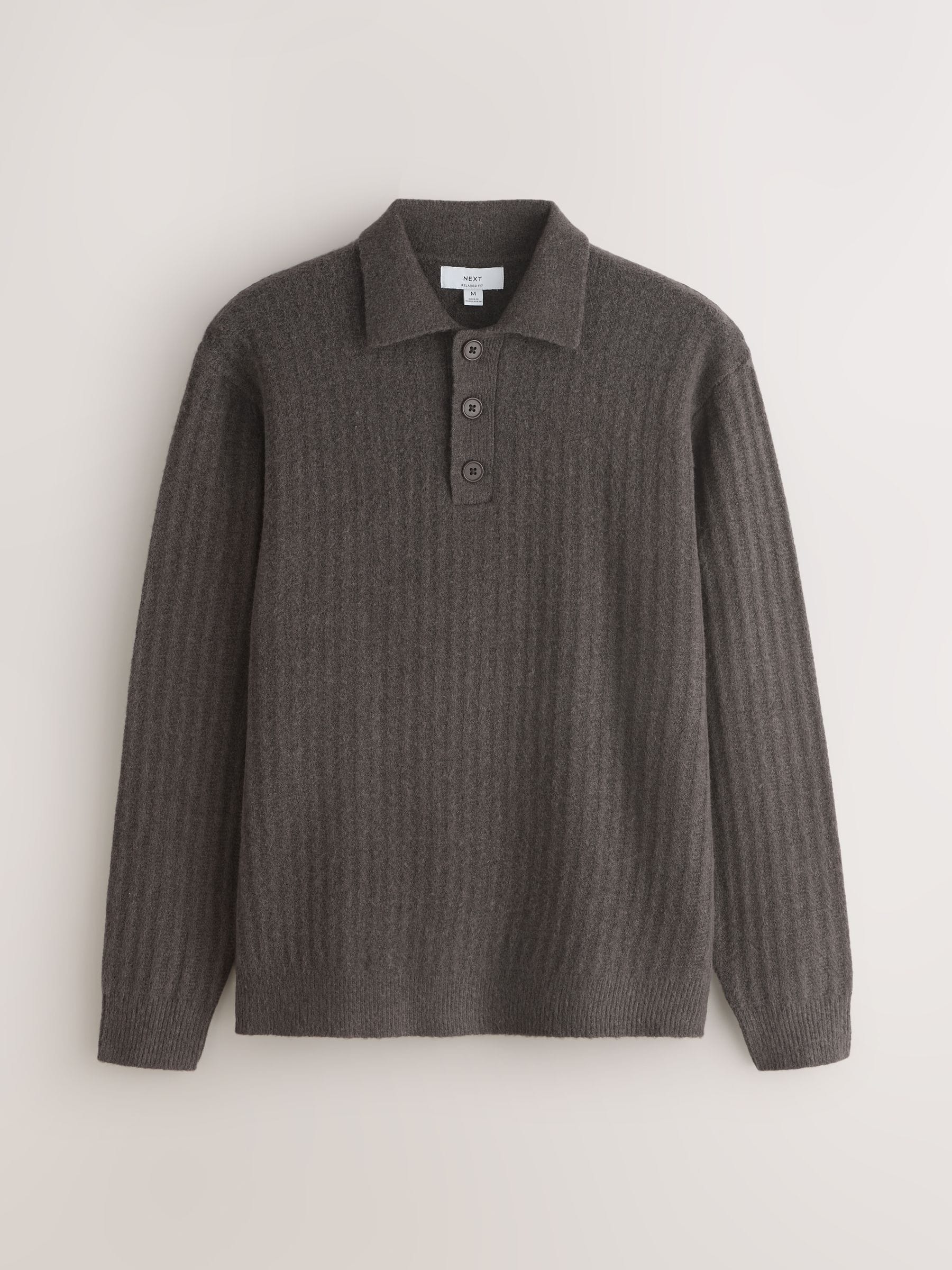 Buy Khaki Green Cosy Rib Knit Long Sleeve Polo Shirt with Wool