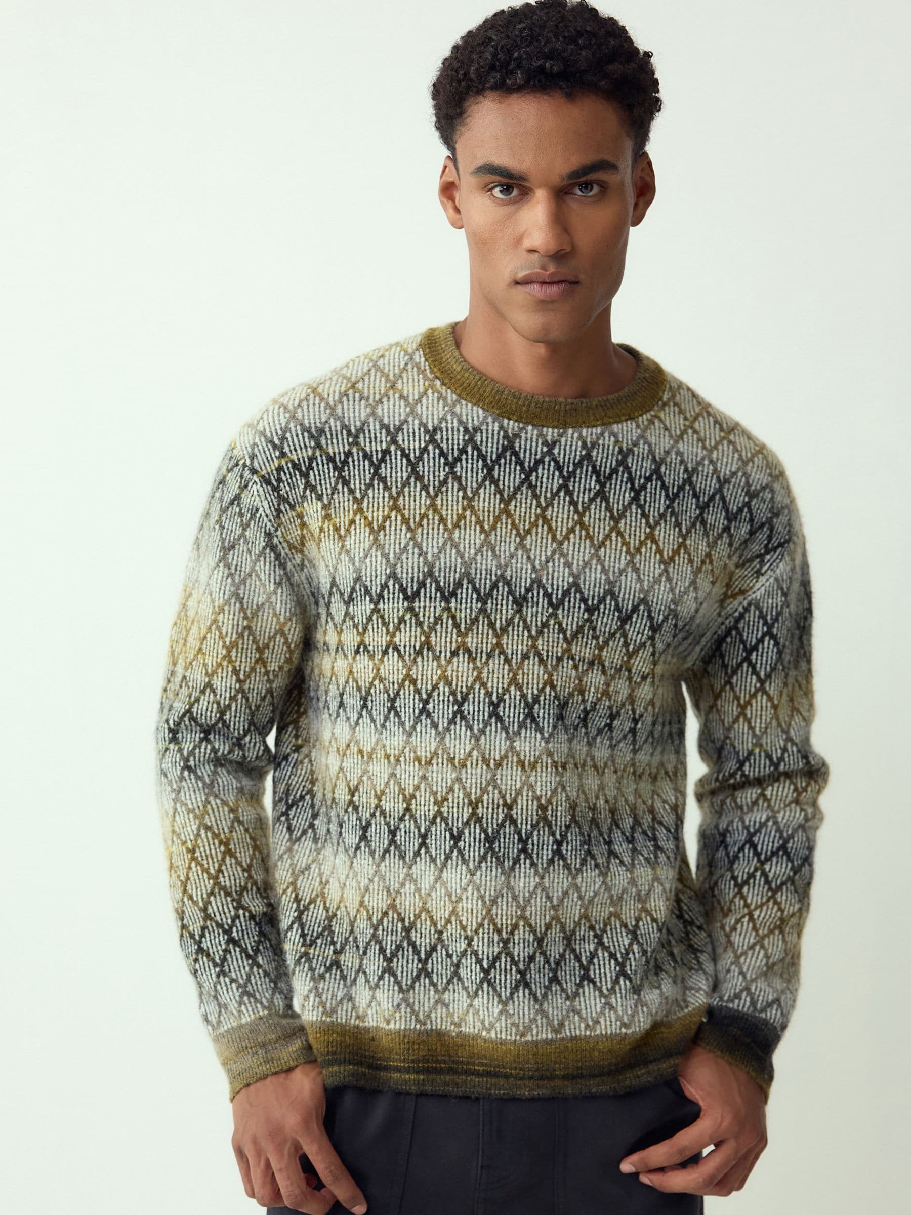 Buy Khaki Green Relaxed Fit Ombre Diamond Pattern Texture Crew