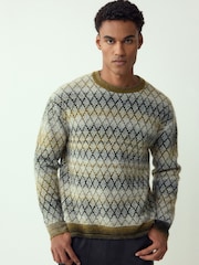 Khaki Green Relaxed Fit Ombre Diamond Pattern Texture Crew Neck Jumper with Wool - Image 1 of 7