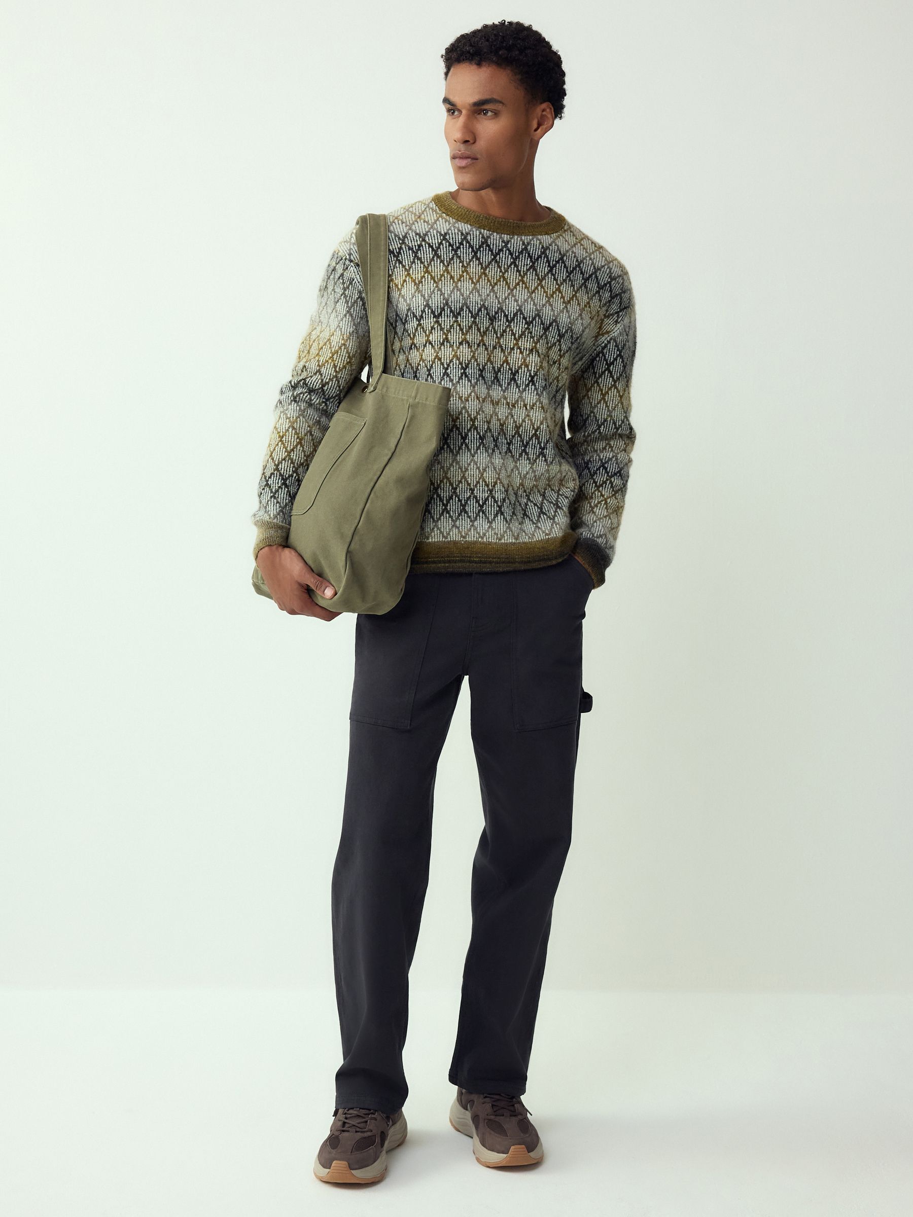 Buy Khaki Green Relaxed Fit Ombre Diamond Pattern Texture Crew