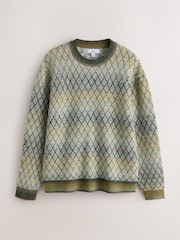 Khaki Grön - Avslappnad passform med ombrefärgad diamantmönster och textur, Rund hals jumper med ull - Bild 6 av 7