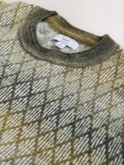 Khaki Green Relaxed Fit Ombre Diamond Pattern Texture Crew Neck Jumper with Wool - Image 7 of 7