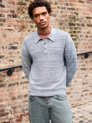 Denim Blue Marl Regular Fit 100% Cotton Twisted Knit Long Sleeve Polo Shirt - Image 1 of 8