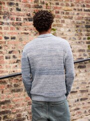 Denim Blue Marl Regular Fit 100% Cotton Twisted Knit Long Sleeve Polo Shirt - Image 2 of 8