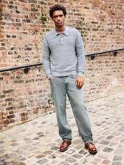 Denim Blue Marl Regular Fit 100% Cotton Twisted Knit Long Sleeve Polo Shirt - Image 3 of 8