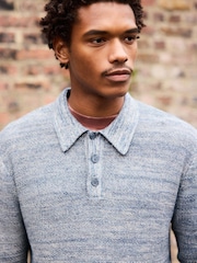 Denim Blue Marl Regular Fit 100% Cotton Twisted Knit Long Sleeve Polo Shirt - Image 4 of 8