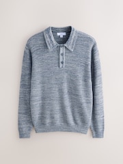 Denim Blue Marl Regular Fit 100% Cotton Twisted Knit Long Sleeve Polo Shirt - Image 5 of 8