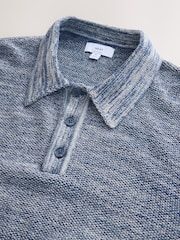 Denim Blue Marl Regular Fit 100% Cotton Twisted Knit Long Sleeve Polo Shirt - Image 6 of 8