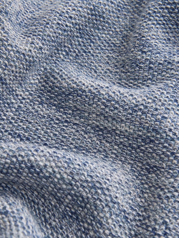 Denim Blue Marl Regular Fit 100% Cotton Twisted Knit Long Sleeve Polo Shirt - Image 8 of 8