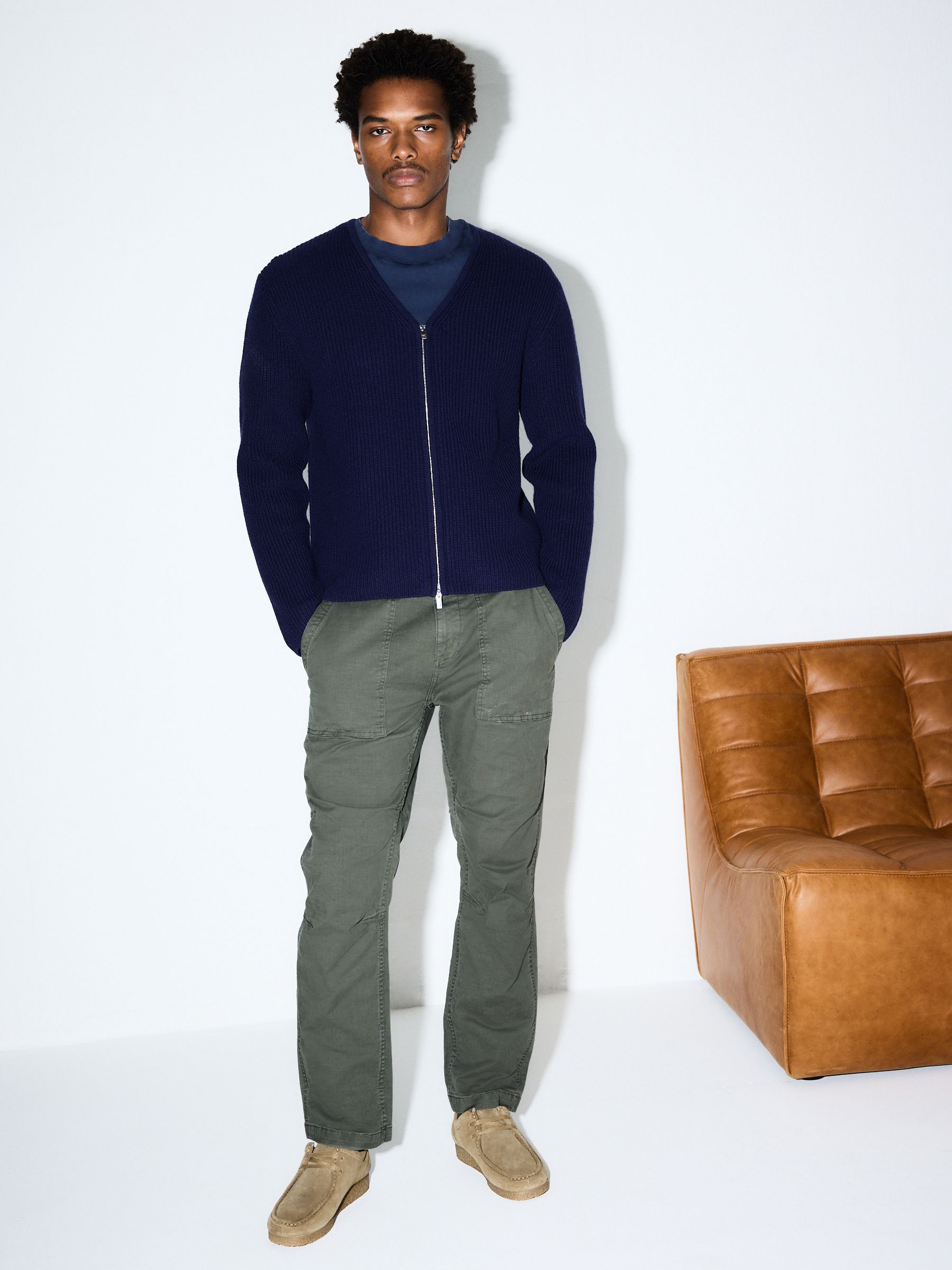 トップス YASHIKI 17AW Hakugin Cardigan (NAVY) Buy Navy Blue - Relaxed Fit Ribbed Zip Through Cardigan with Wool