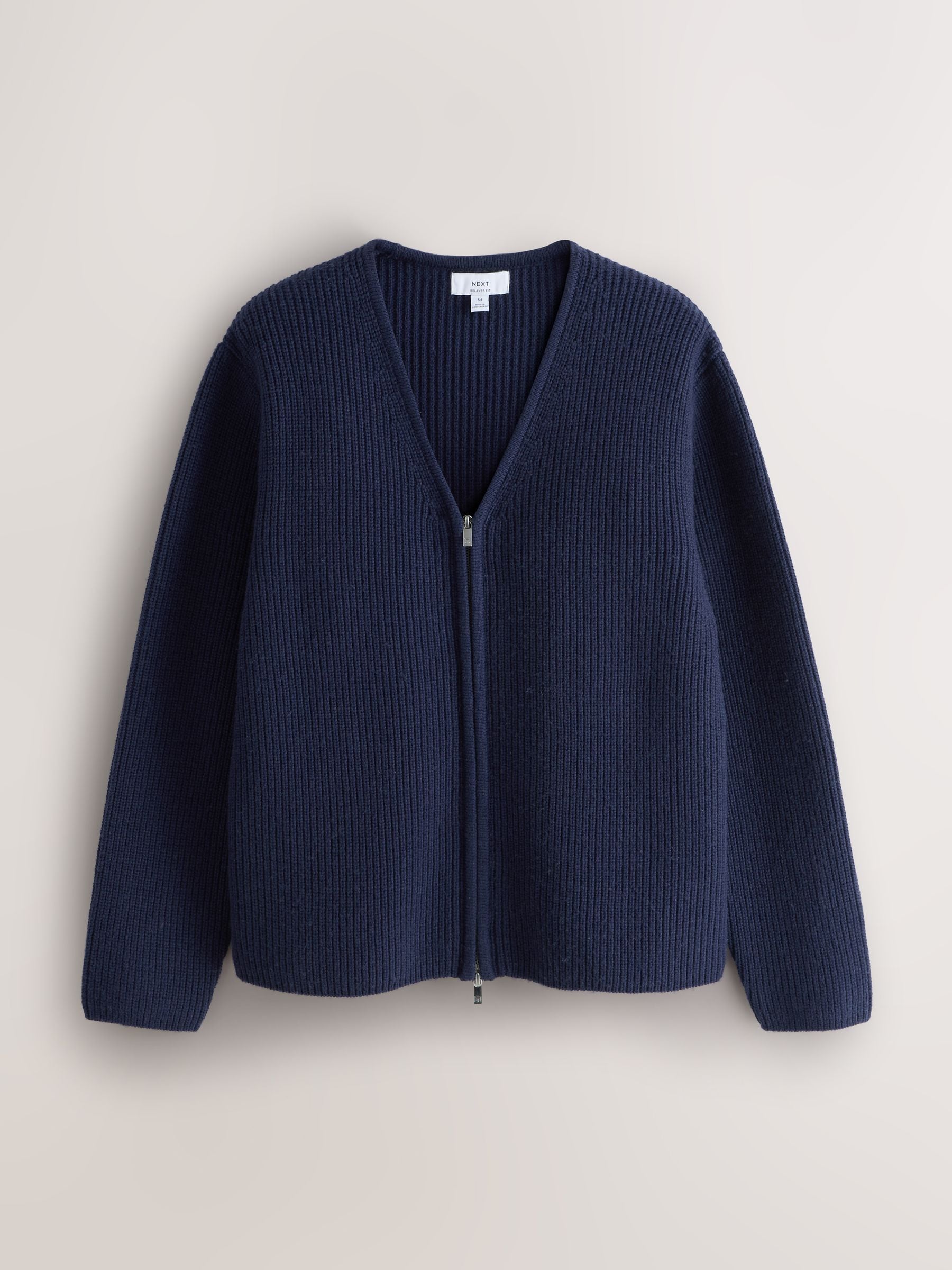 Buy Navy Blue Relaxed Fit Ribbed Zip Through Cardigan with Wool