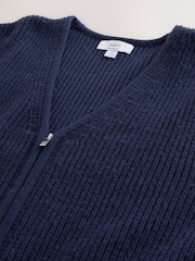 Navy Blue Relaxed Fit Ribbed Zip Through Cardigan with Wool - Image 6 of 7