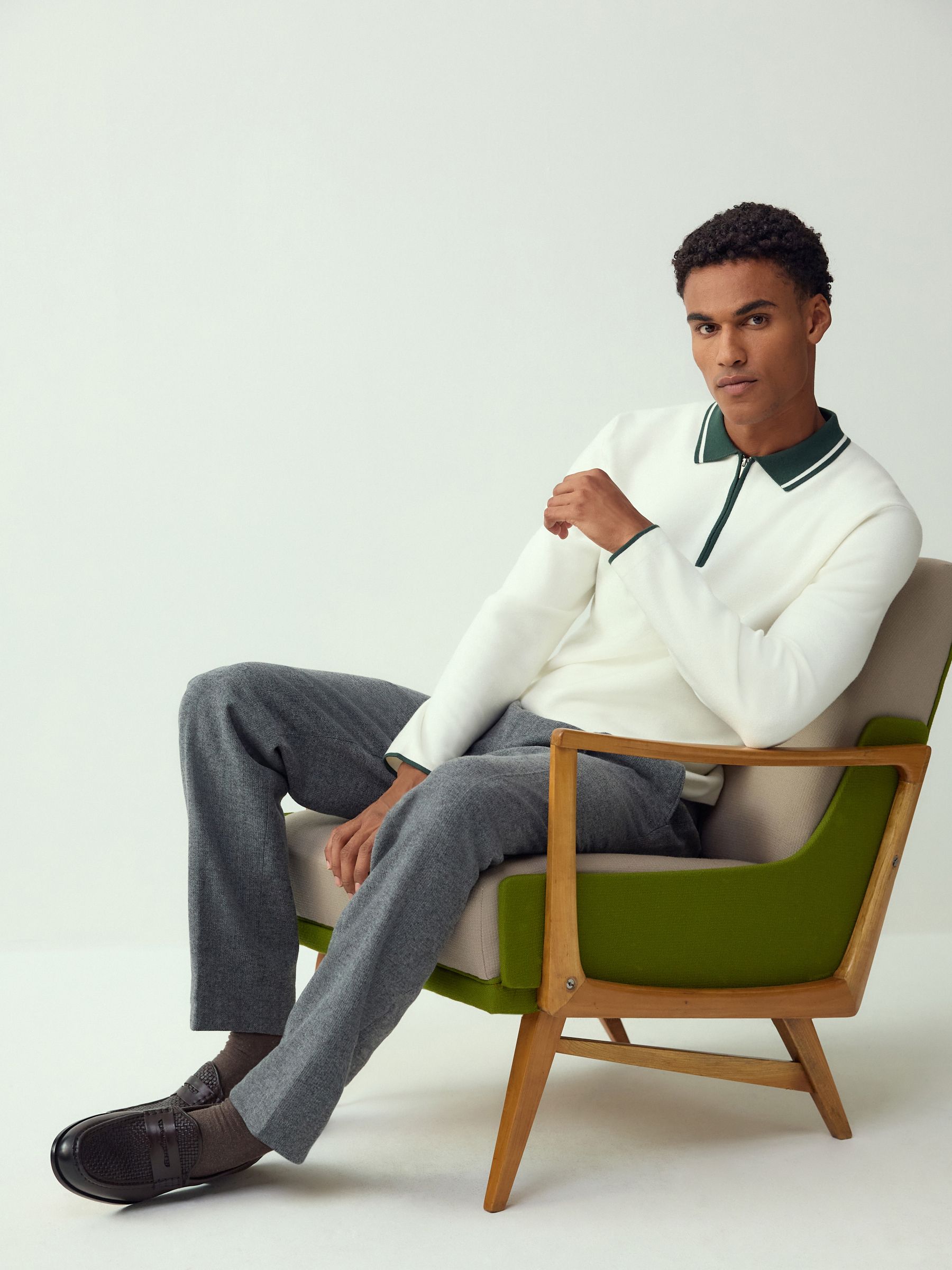 Buy Ecru White/Green Zip Neck N. Premium Regular Fit Premium Mid
