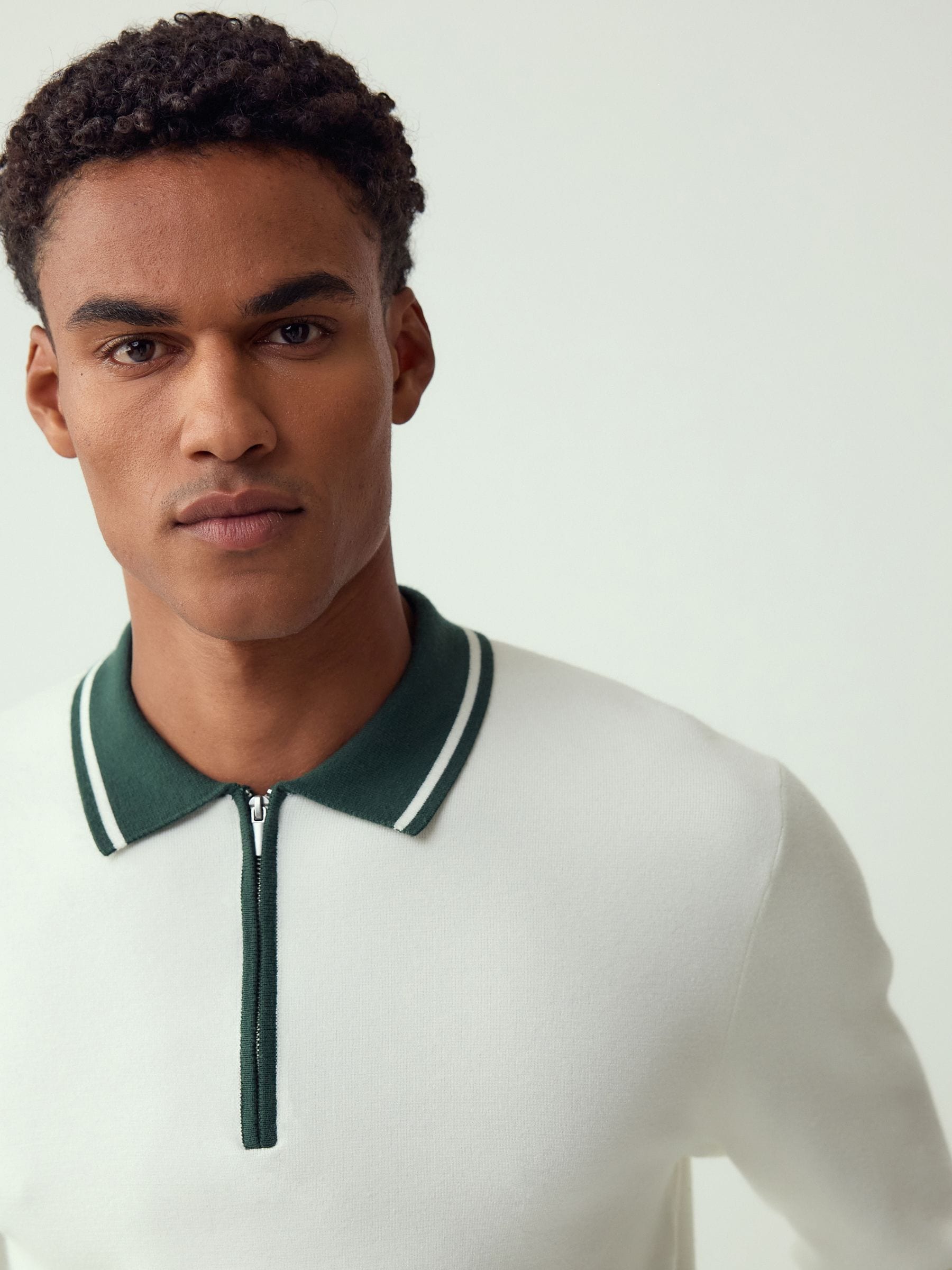 Buy Ecru White/Green Zip Neck N. Premium Regular Fit Premium Mid