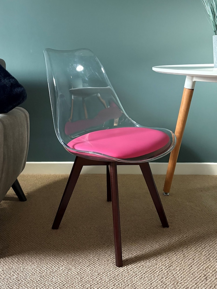 Fusion Living Bright Pink Soho Clear Plastic Dining Chair Dark Wood Leg Set of 2 - Image 1 of 6