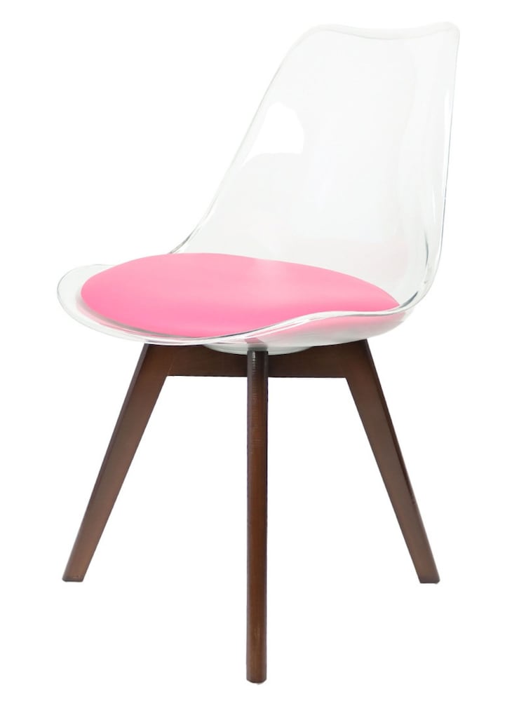 Fusion Living Bright Pink Soho Clear Plastic Dining Chair with Squared Light Dark Wood Leg Wood Legs - Image 1 of 8