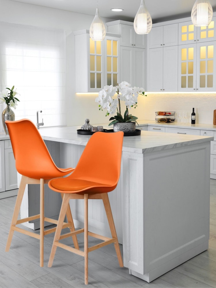 Fusion Living Orange Soho Plastic Bar Stool with Dark Wood Legs - Image 1 of 6