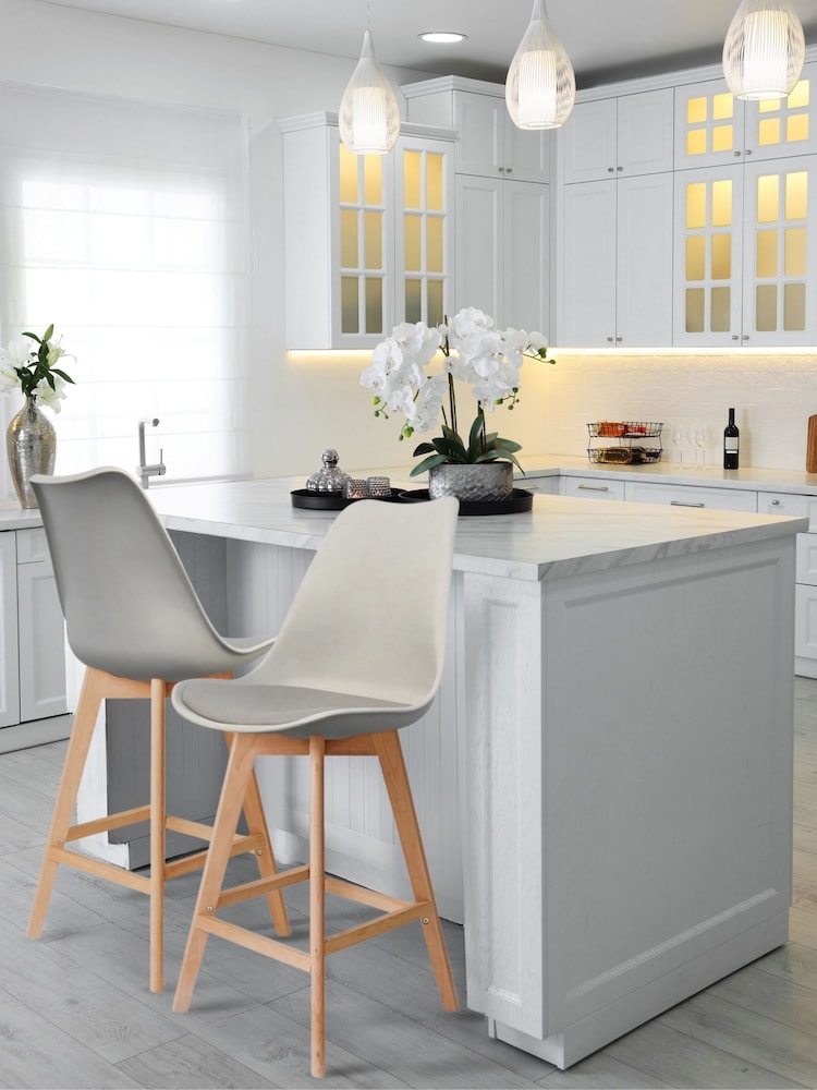 Fusion Living Light Grey Soho Plastic Bar Stool with Dark Wood Legs - Image 1 of 6