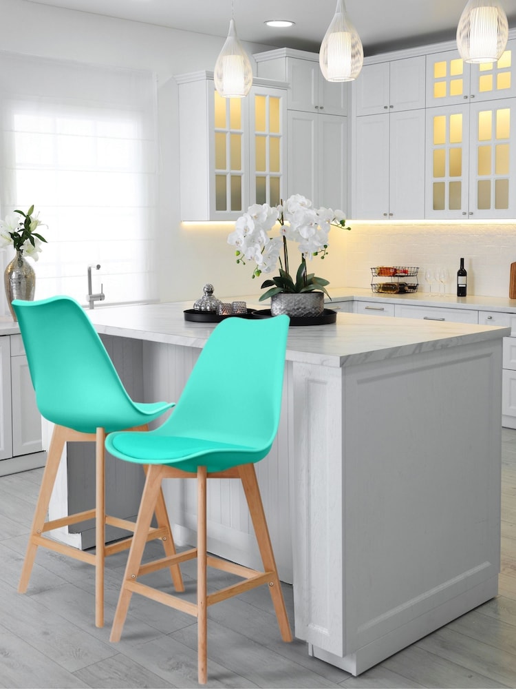 Fusion Living Aqua Soho Plastic Bar Stool with Dark Wood Legs - Image 1 of 6