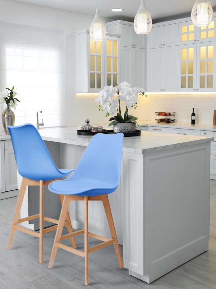 Fusion Living Blue Soho Plastic Bar Stool with Dark Wood Legs - Image 1 of 6