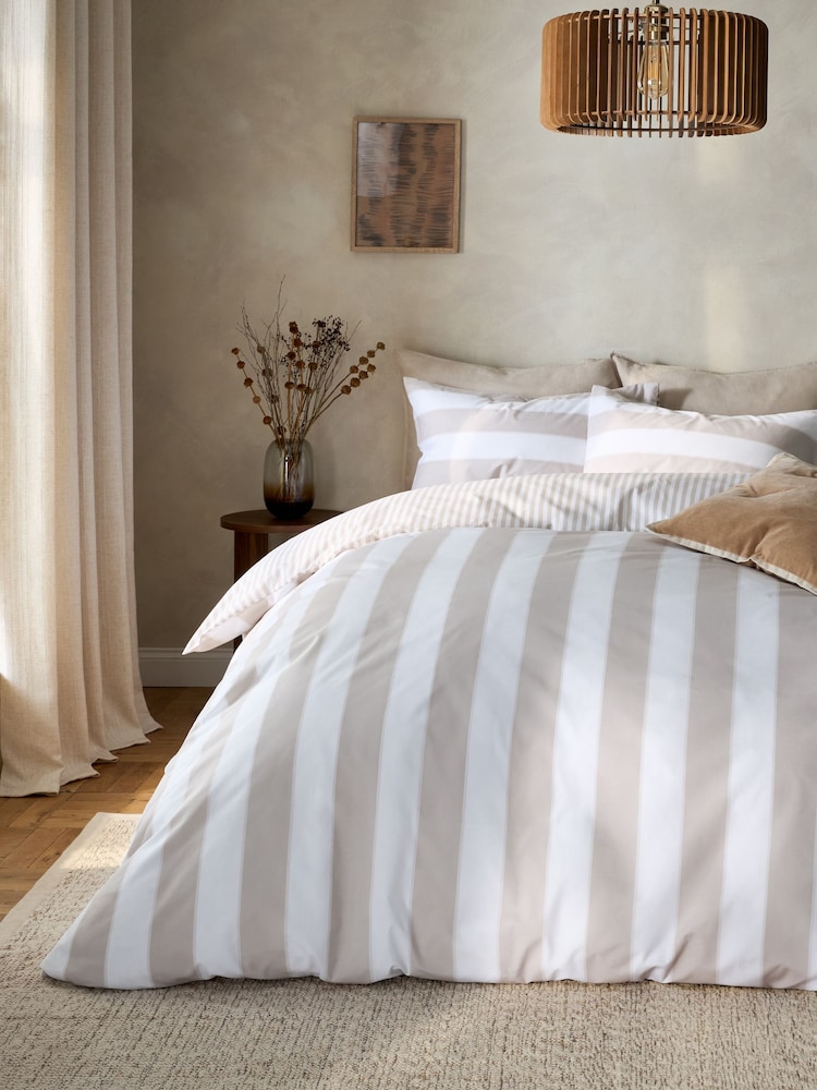 2 Pack Natural  Stripe 100% Cotton Duvet Cover and Pillowcase Set - Image 1 of 10