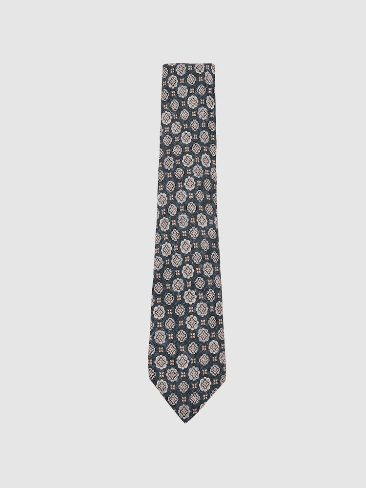 Reiss Indigo Melange Maximo Silk Medallion Print Tie - Image 1 of 5
