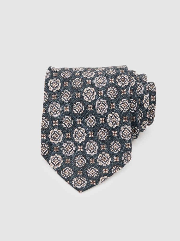 Reiss Indigo Melange Maximo Silk Medallion Print Tie - Image 2 of 5