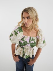 River Island Pink Petite Puff Sleeve Floral Print 100% Cotton Shirred Top - Image 1 of 3