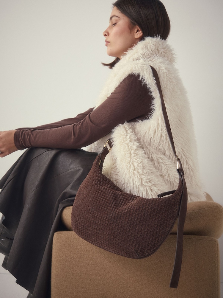 Čokoladno rjava - Suede Sling Weave Shoulder Bag - Slika 1 iz 10