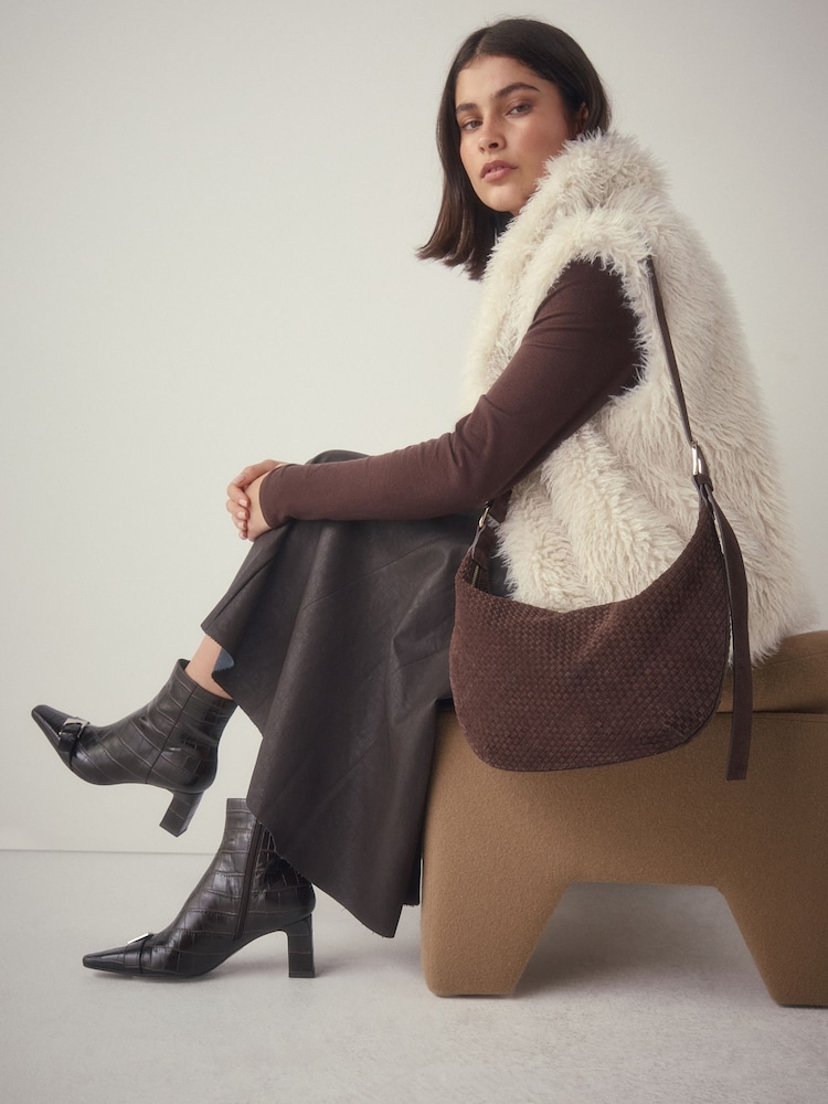 Čokoladno rjava - Suede Sling Weave Shoulder Bag - Slika 2 iz 10