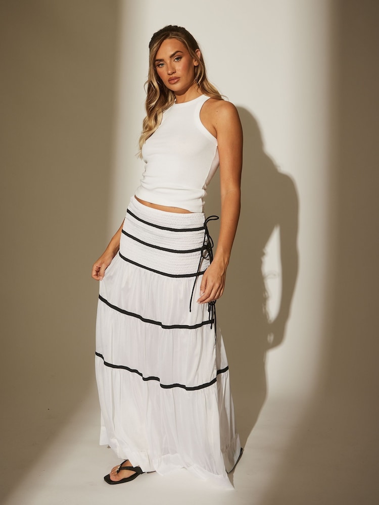 South Beach White 100% Cotton Tiered Contrast Maxi Beach Skirt - Image 1 of 4