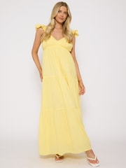 South Beach Yellow 100% Cotton Frill Sleeve Tiered Maxi Dress - Image 4 of 6