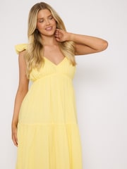 South Beach Yellow 100% Cotton Frill Sleeve Tiered Maxi Dress - Image 6 of 6