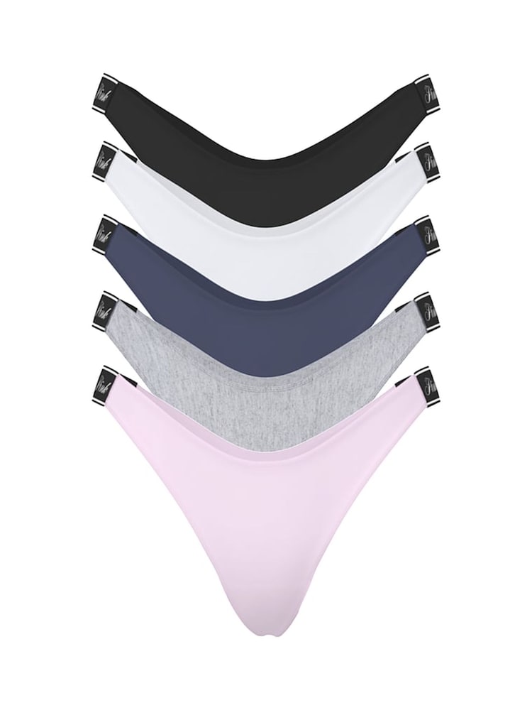 Victoria's Secret PINK BlackGreyWhitePinkBlue Thong 5 Pack Logo Knickers - Image 1 of 2