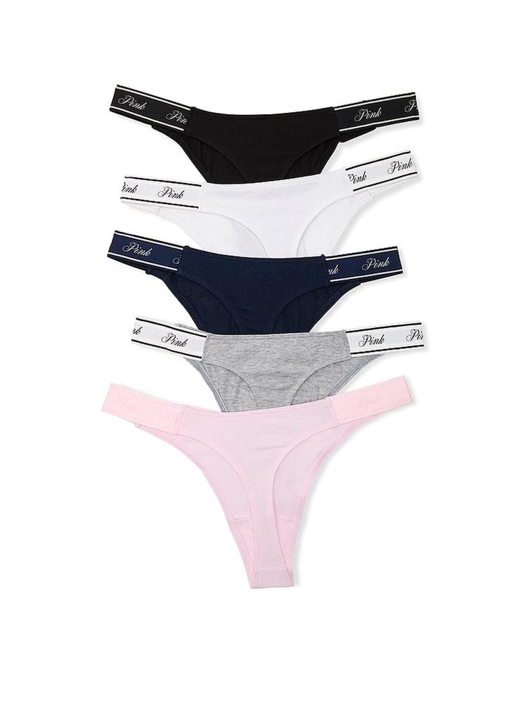 Victoria's Secret PINK BlackGreyWhitePinkBlue Thong 5 Pack Logo Knickers - Image 2 of 2 Victoria's Secret PINK BlackGreyWhitePinkBlue Thong 5 Pack Logo Knickers - Image 2 of 2