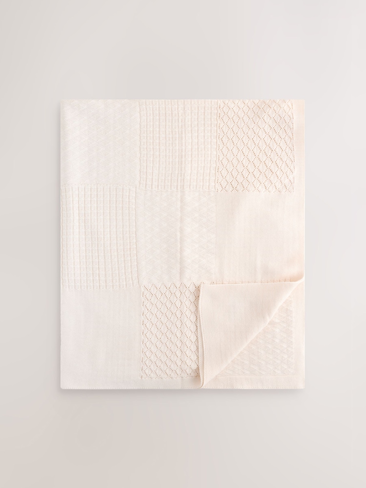 Cream Knitted Patchwork Baby Blanket - Image 1 of 5 Cream Knitted Patchwork Baby Blanket - Image 1 of 5