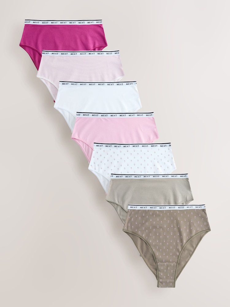 Pink/Green High Waist High Leg Cotton Logo Knickers 7 Pack - Image 1 of 14