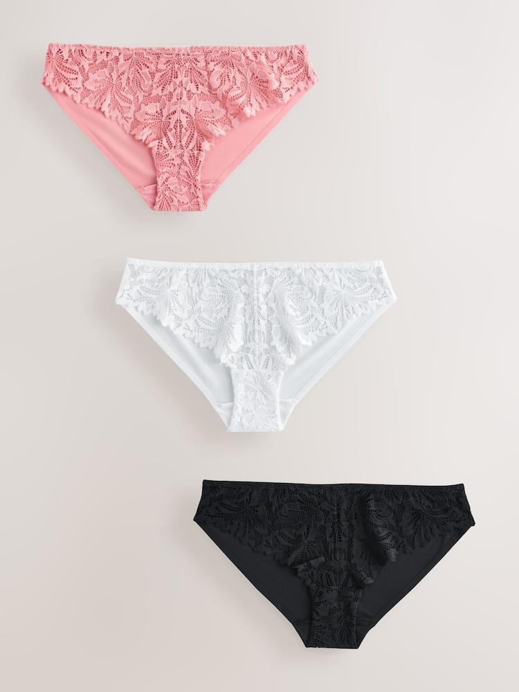 Black/White/Nude Brazilian Lace Front NVPL Knickers 3 Pack - Image 1 of 6 Black/White/Nude Brazilian Lace Front NVPL Knickers 3 Pack - Image 1 of 6
