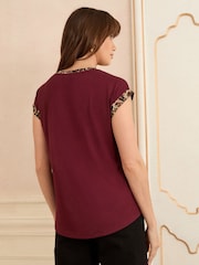 Love & Roses Berry Red Print Satin Front Jersey Back Crew Neck Top - Image 4 of 4