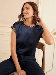 Love & Roses Navy Blue Print Satin Front Jersey Back Crew Neck Top - Image 2 of 4