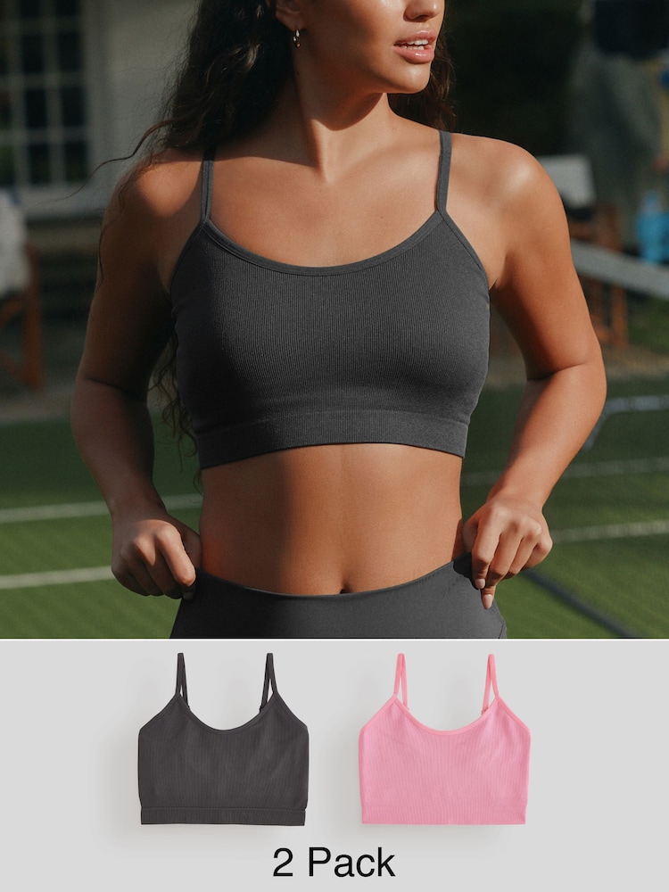 self. Pink/Cream Seamless Rib Long Line Bralette 2 Pack - Image 1 of 8